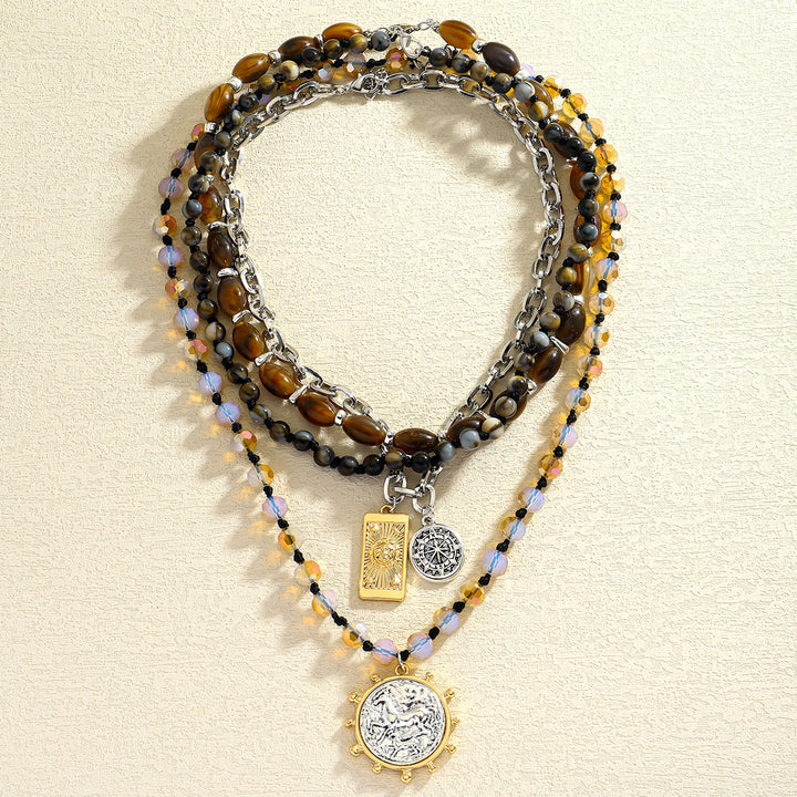 Layered Boho Coin Pendant Necklace Women Tiger Eye Crystal Silver Multistrand Jewelry Gift