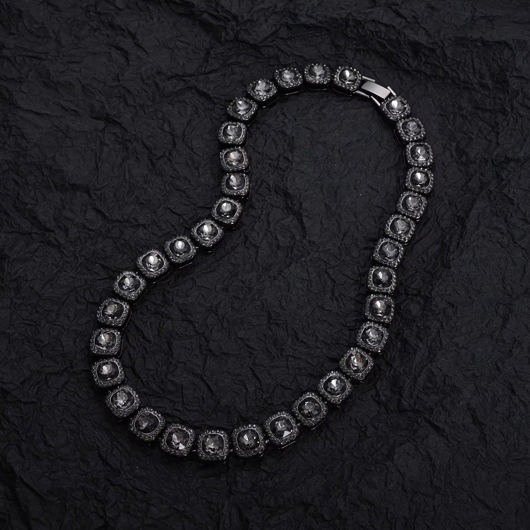 Black Cushion Cut Diamond Tennis Chain Hip Hop Statement Necklace Bracelet Set Iced Out Square Diamond Choker Trendy Streetwear Jewelry For Men