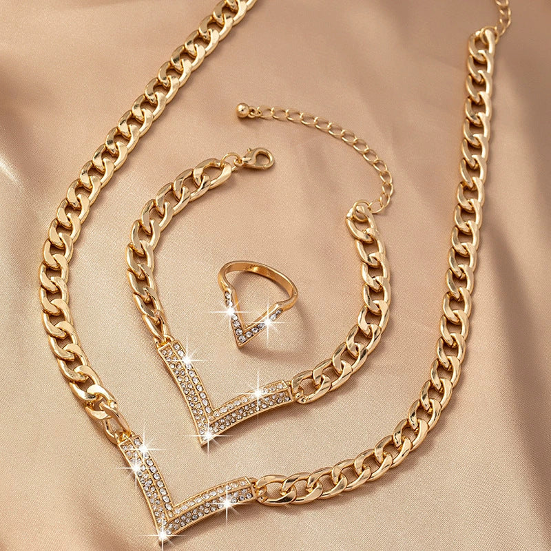 V Shape Rhinestone Statement Jewelry Set Chunky Curb Chain Necklace Bracelet Ring Stackable Trendy Women Fashion Jewelry