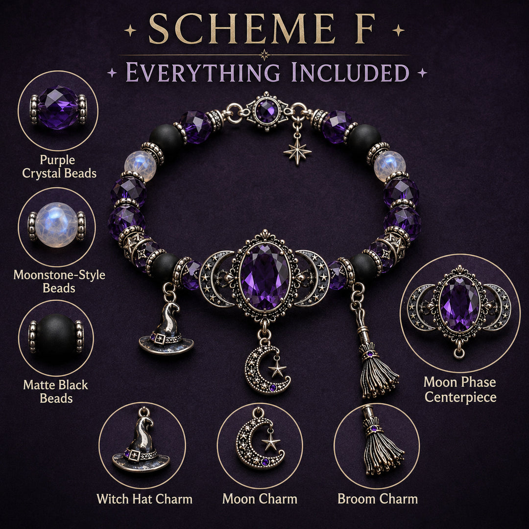 Mystic Purple Gemstone Beaded Stretch Bracelet Solid Sterling Silver Witch Hat Broom Moon Star Charms Wiccan Statement Bracelet