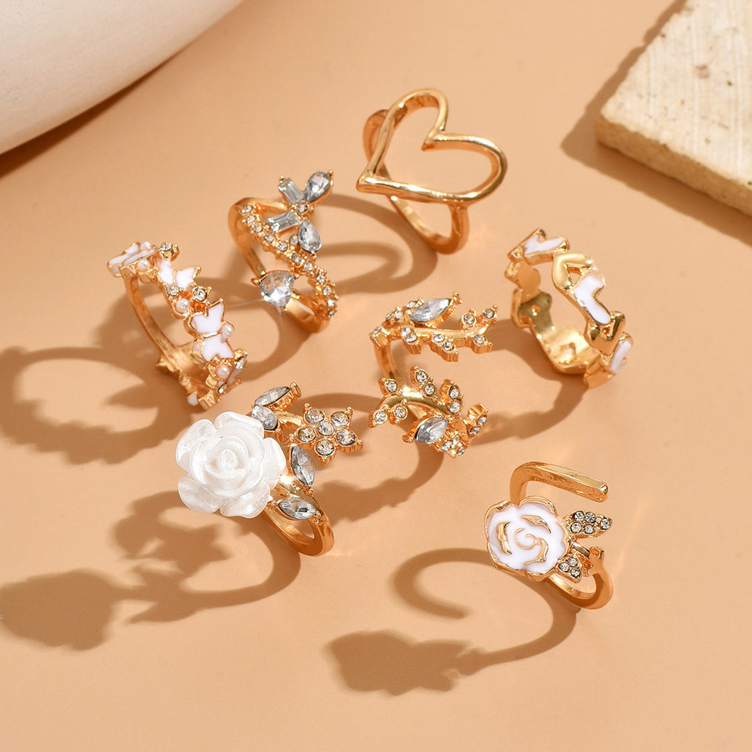 Vintage White Rose Hollow Heart Stackable Ring Set Elegant Floral Butterfly Rhinestone Layerable Finger Rings Aesthetic Statement Rings For Women