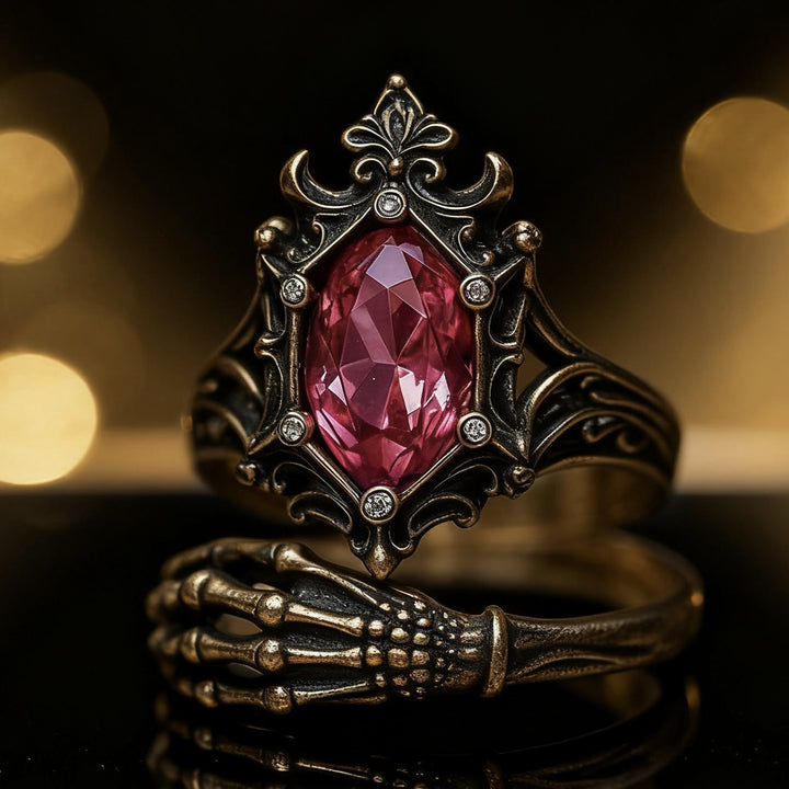 Gothic Vintage Pink Gem Skeleton‑Hand Ring Dark‑Aesthetic Carved Band