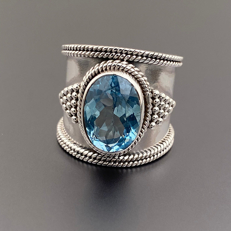 Vintage Oval Blue Gem Wide Band Ring S925 Silver Bohemian Twisted Texture Women Ring