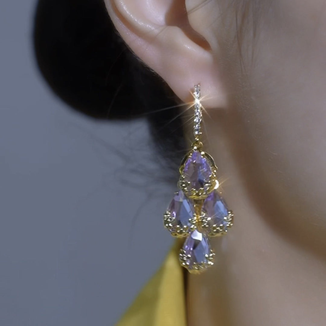 Purple Diamond Drop Earrings Women Gold Filigree Water Drop Luxury Jewelry Gift