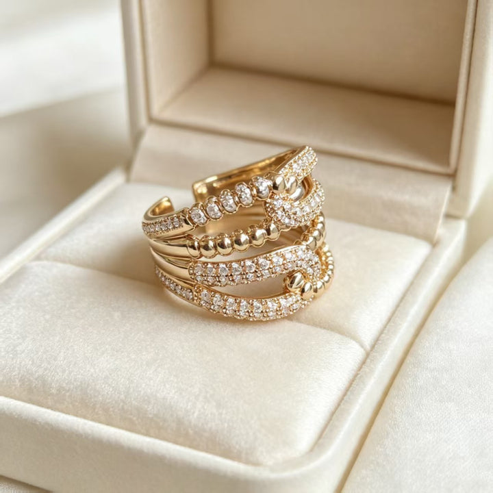 Multi‑layer Intertwined Beaded Full Diamond Open Ring Luxury Wide Band Women Ring