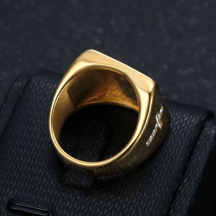 Square Cross Jewelry Signet Ring For Men Inlaid Diamond Two Tone Statement Ring