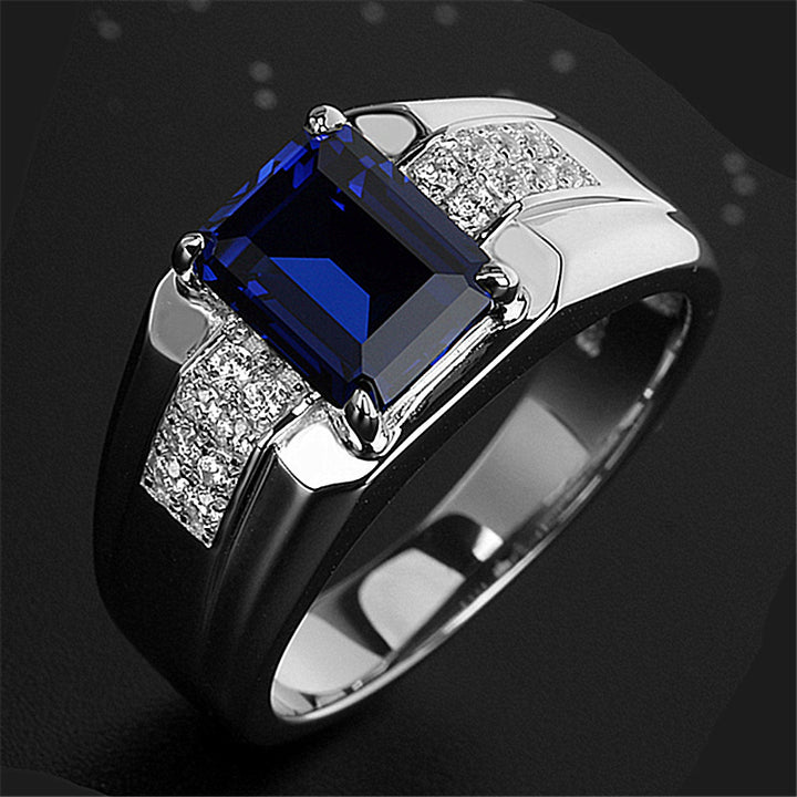 Rectangular Gemstone Men's Ring, Luxury Business Band in S925 Silver (Sapphire / Emerald Optional)