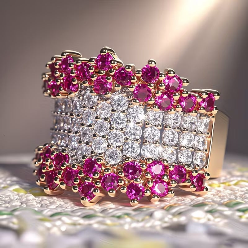 Pave Diamond Ring Women Colorful Gem Wide Band Gold Sparkling Luxury Jewelry Gift