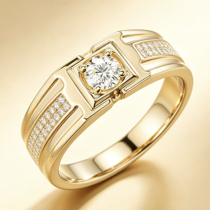 Men's Round Diamond Signet Ring 14K Gold Finish Wide Band Solitaire Engagement Wedding Ring for Him