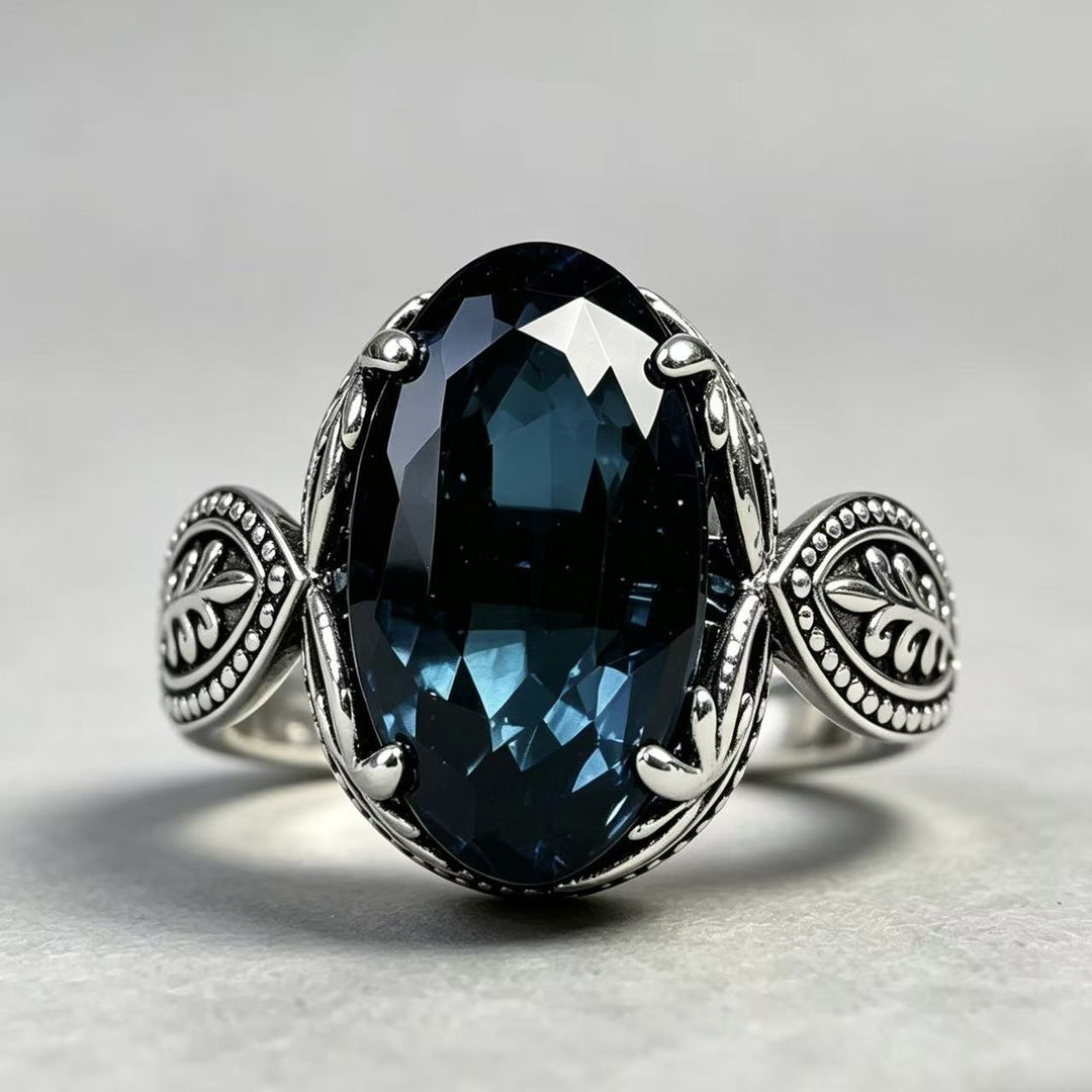 Blue Sapphire Oval Filigree Ring Women Vintage Leaf Art Nouveau Silver Cocktail Ring