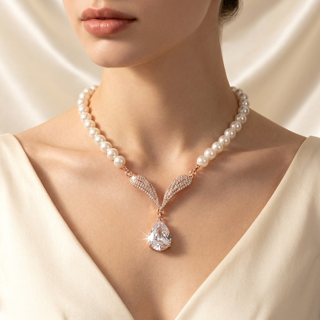 Elegant Bridal Pearl Jewelry Set Necklace And Drop Earrings For Wedding Evening Party