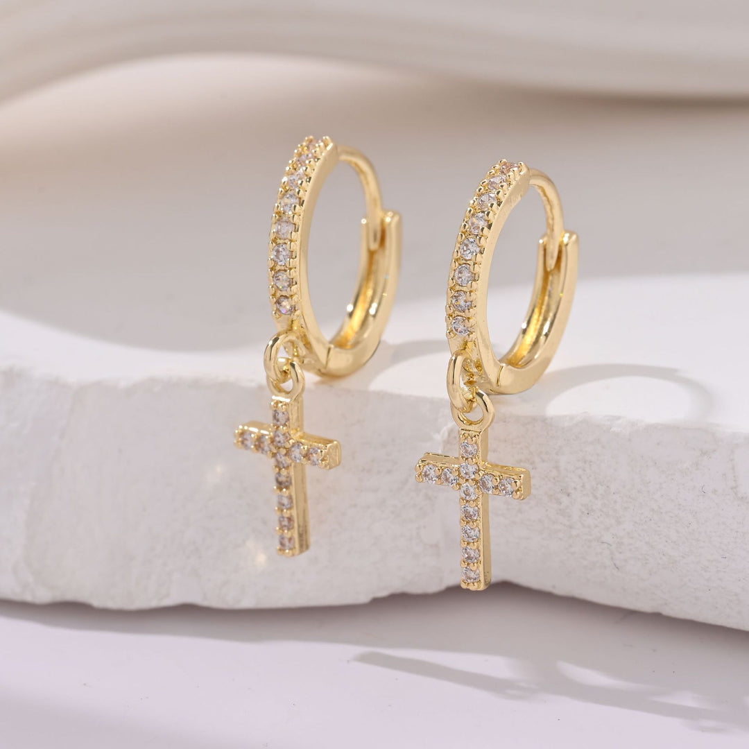 Pavé Hoop Cross Charm Huggie Earrings S925 Silver Post Trendy Women Diamond Drop Earrings