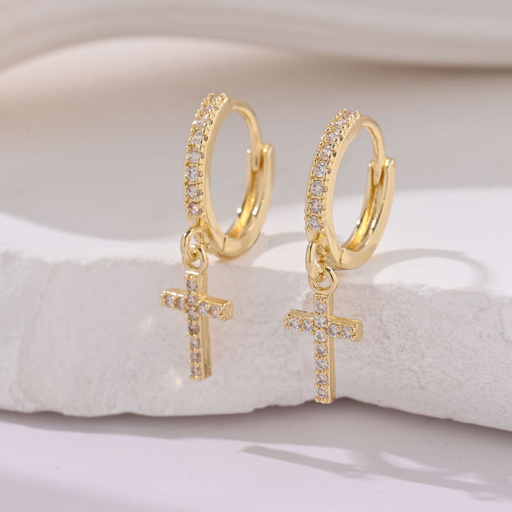 Pavé Hoop Cross Charm Huggie Earrings S925 Silver Post Trendy Women Diamond Drop Earrings