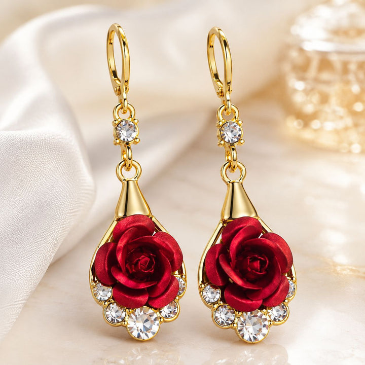 Hollow Teardrop Rose Diamond Dangle Hoop Earrings Vintage Elegant Long Earrings For Women
