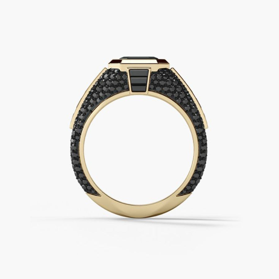 Square Obsidian Wide‑Band Men Statement Ring, Heavy‑Duty Geometric Paved Band