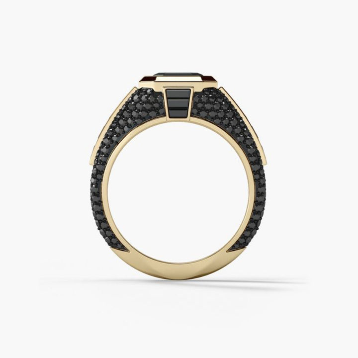 Square Obsidian Wide‑Band Men Statement Ring, Heavy‑Duty Geometric Paved Band