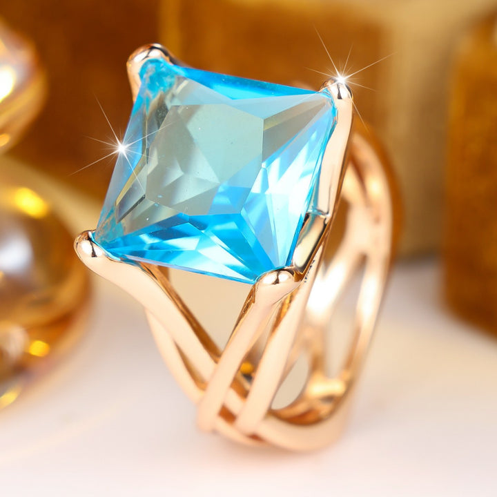 Square Aquamarine Statement Ring Twisted Crossover Band Solitaire Ring For Women