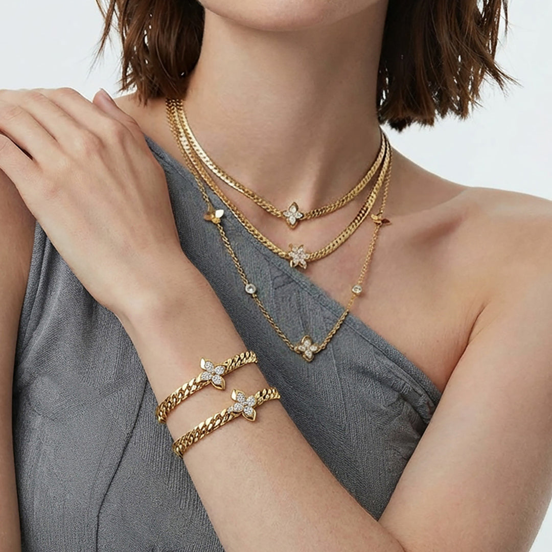 Four Leaf Clover Cuban Link Necklace Bracelet Set Dainty Inlaid Diamond Stackable Jewelry Timeless Elegant Statement Gift For Women
