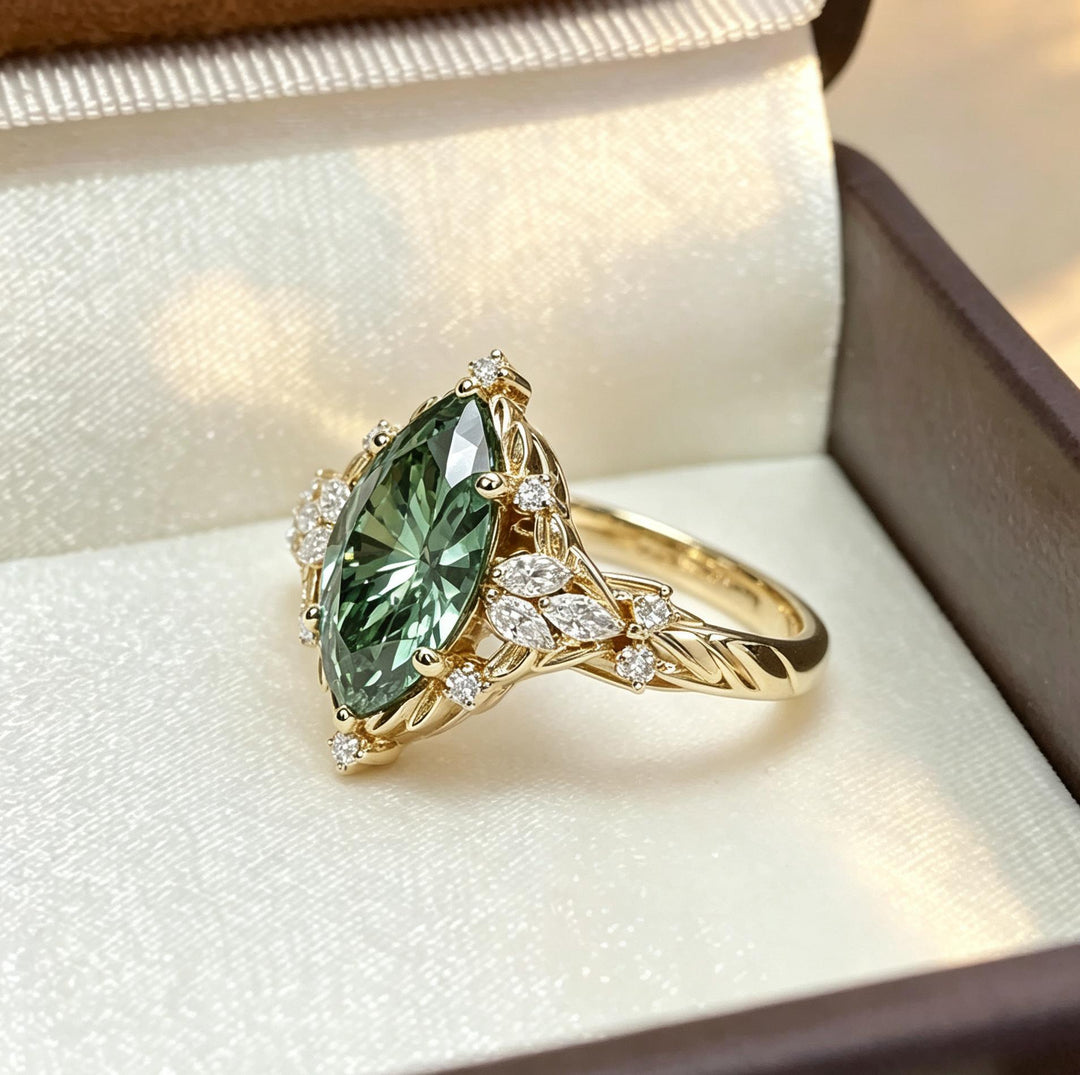 Marquise Cut Green Gem Ring Vintage Leaf Halo Ring Engagement Promise Ring Ornate Statement Fine Jewelry