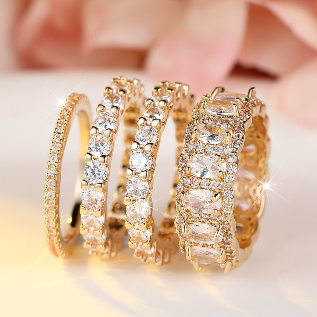 Women 4 Piece Eternity Stackable Ring Set Round Oval Diamond Full Band Statement Wedding Bridal Stacking Jewelry Gift