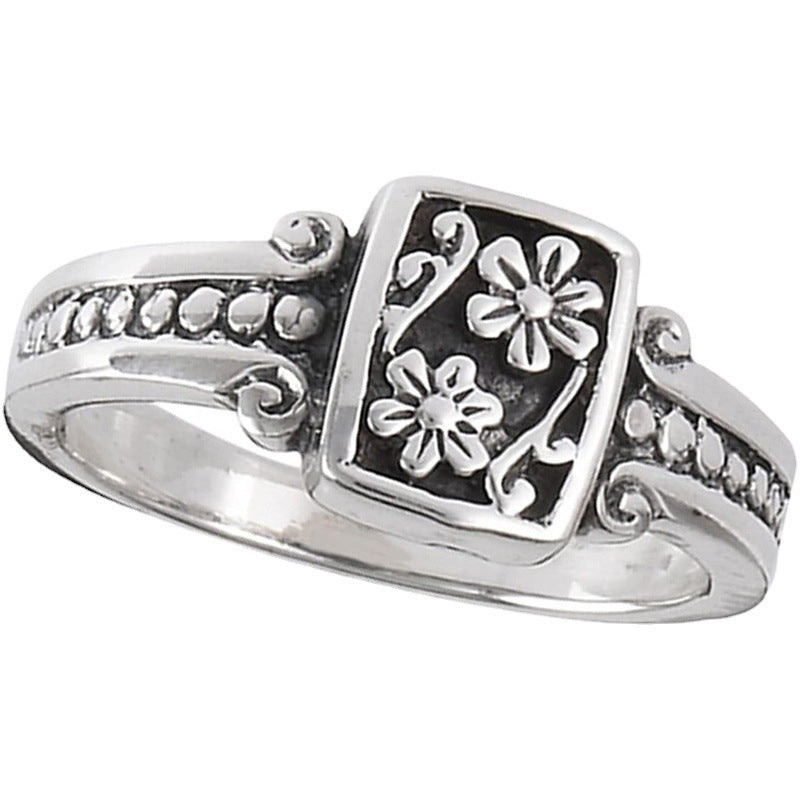 Vintage Floral Engraved Solid Silver Ring Retro Rectangle Flower Pattern Statement Ring For Women