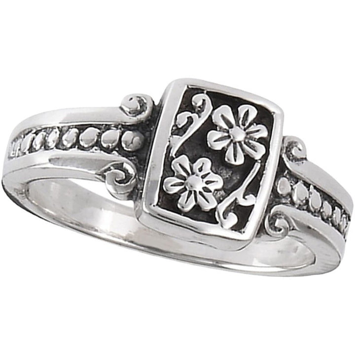 Vintage Floral Engraved Solid Silver Ring Retro Rectangle Flower Pattern Statement Ring For Women