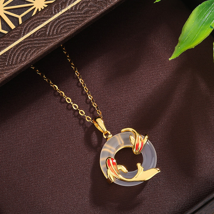 Koi Fish Peace Buckle Chalcedony Necklace Women Vermeil Gold Lucky Pendant
