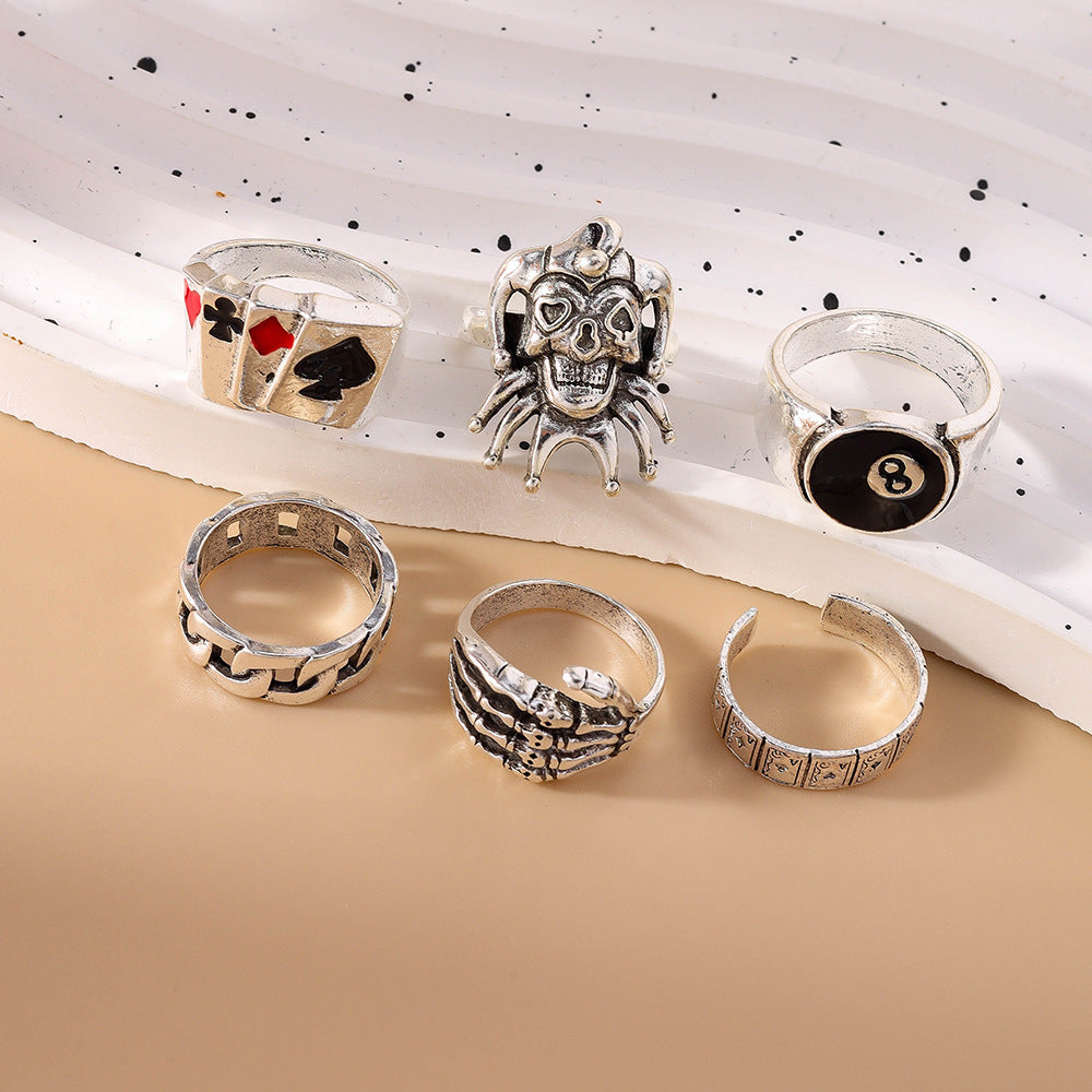 Gothic Skull Poker 8-Ball Sterling Silver Stackable Ring Set Vintage Punk Hip Hop Rings For Men Women