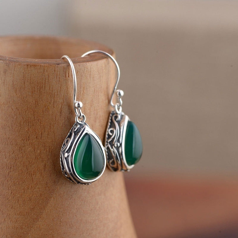 Vintage Teardrop Gem Dangle Earrings For Women Retro Carved Pattern Drop Ear Jewelry