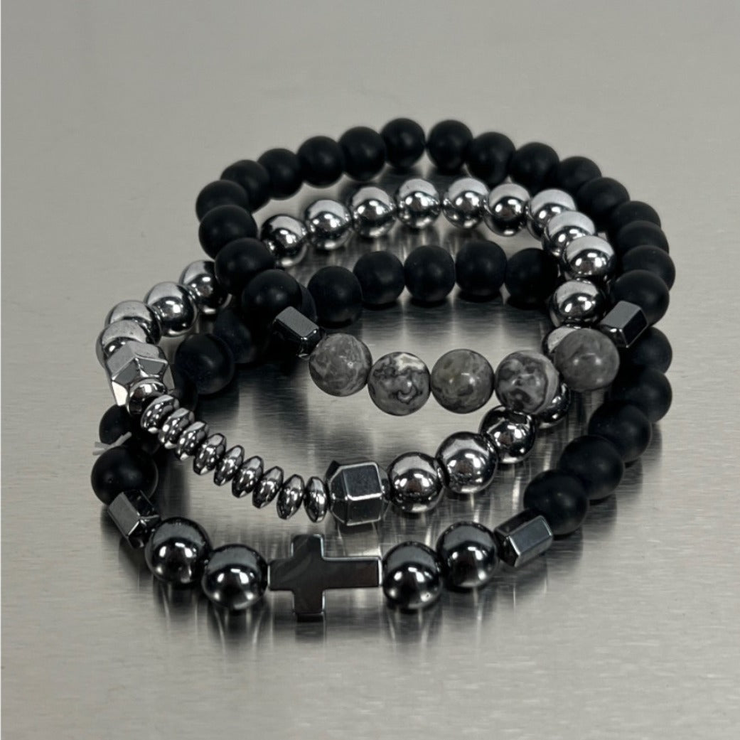 Cross Charm Beaded Stack Bracelet Set Gothic Layered Wristband Trendy Streetwear Statement Hand Jewelry For Men