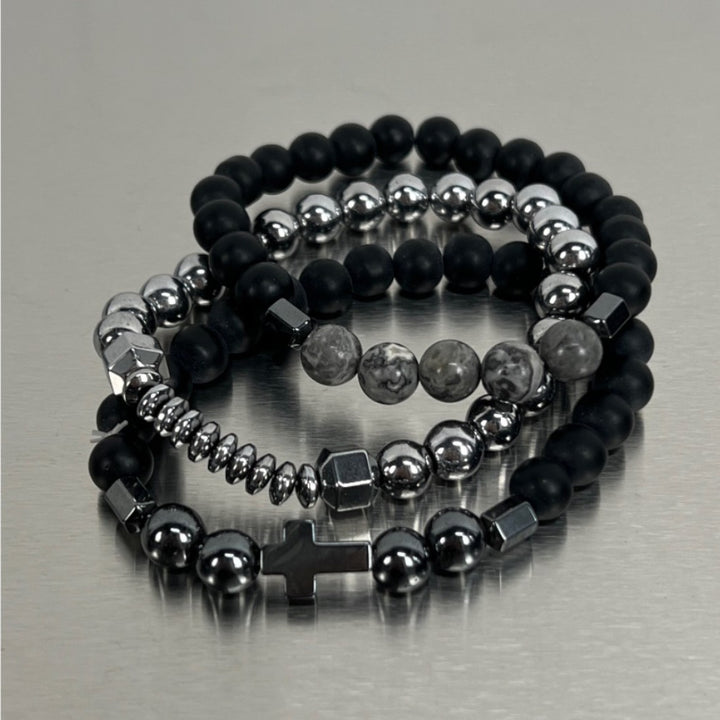 Cross Charm Beaded Stack Bracelet Set Gothic Layered Wristband Trendy Streetwear Statement Hand Jewelry For Men