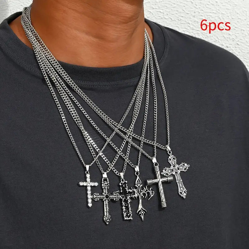 Vintage Cross Pendant Necklace Set Gothic Punk Layered Neck Chain Unisex Streetwear Statement Jewelry