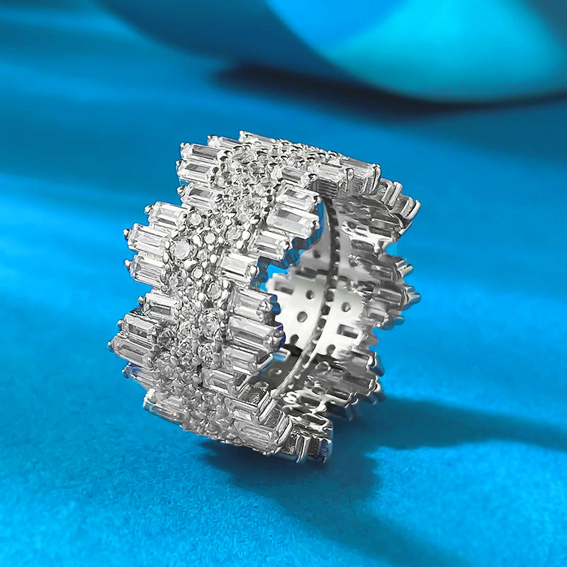 Baguette & Round‑Cut Diamond Wavy Wide Band Ring Heavy‑Set Open‑Work Luxury Ring