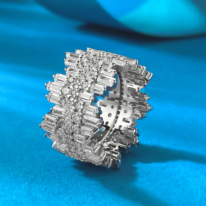 Baguette & Round‑Cut Diamond Wavy Wide Band Ring Heavy‑Set Open‑Work Luxury Ring