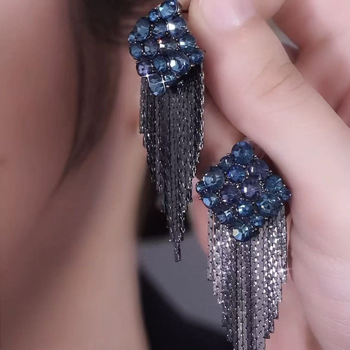 Dark Blue Diamond Cluster Tassel Drop Earrings Elegant Statement Jewelry For Women