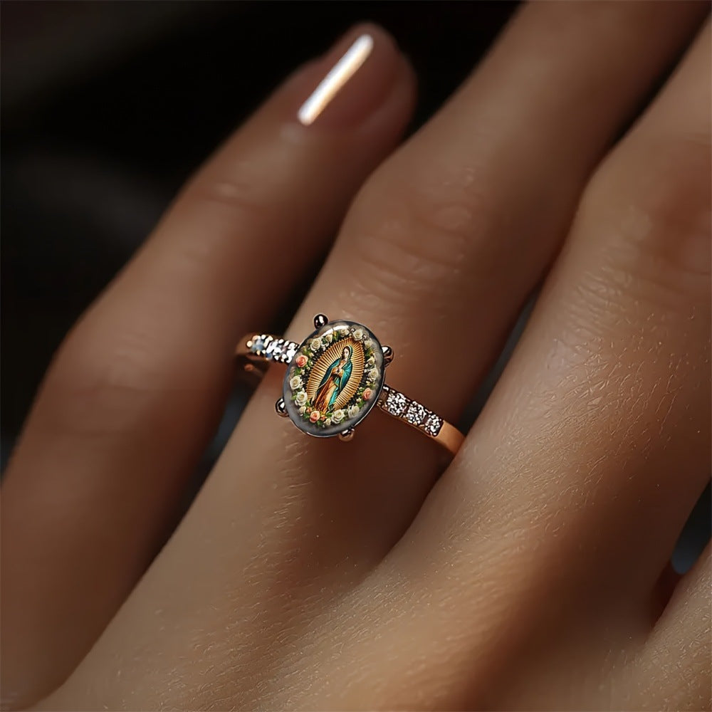 Our Lady of Guadalupe Floral Portrait Diamond Ring Vintage Religious Women Ring