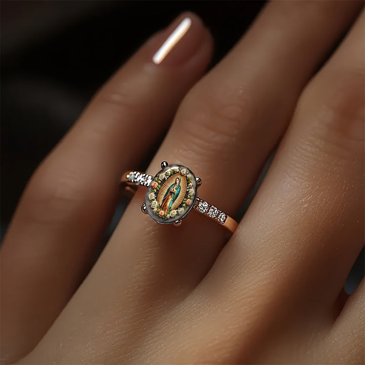 Our Lady of Guadalupe Floral Portrait Diamond Ring Vintage Religious Women Ring