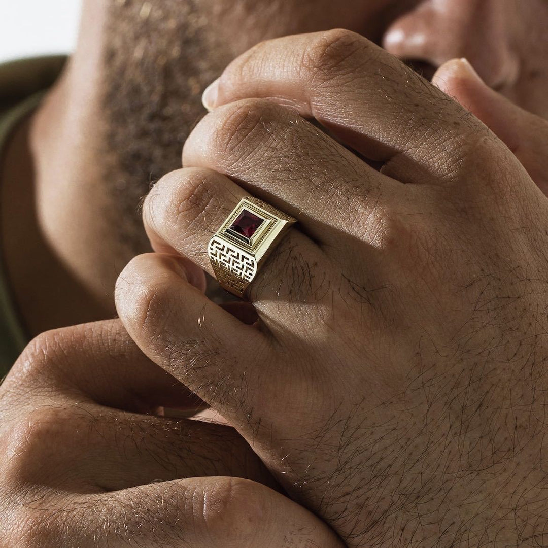 Vintage Meander‑Pattern Hollow Wide‑Band Men’s Ring, Square‑Gem Square‑Bezel Signet Ring