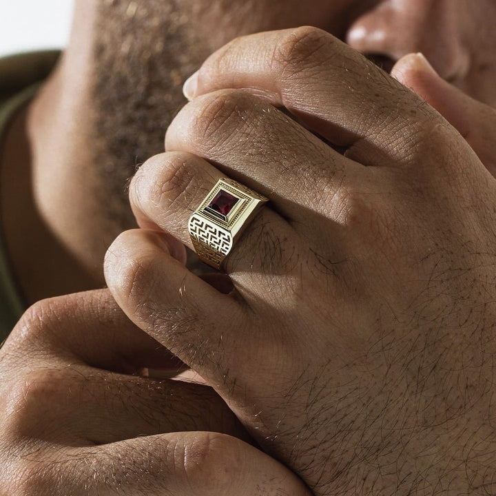 Vintage Meander‑Pattern Hollow Wide‑Band Men’s Ring, Square‑Gem Square‑Bezel Signet Ring