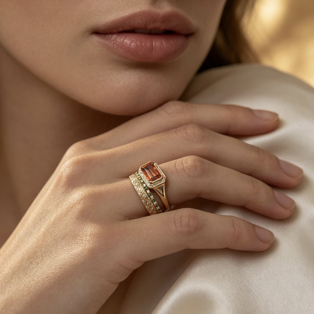 Emerald‑Cut Orange‑Yellow Center Stone Diamond & Emerald 3‑Piece Stackable Ring Set Vintage Royal Style Women’s Bands