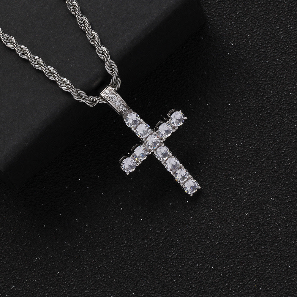 Hip‑Hop Full‑Paved Diamond Cross Pendant Necklace, Retro Rope Chain Unisex Choker