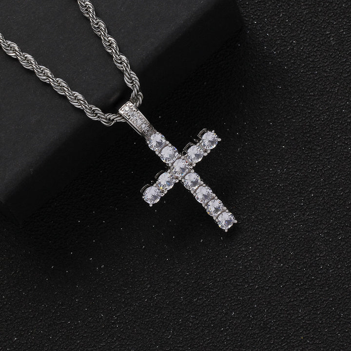 Hip‑Hop Full‑Paved Diamond Cross Pendant Necklace, Retro Rope Chain Unisex Choker