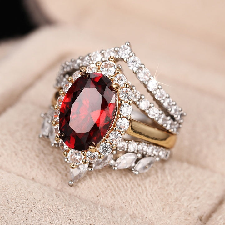 Vintage Oval Gemstone Diamond Three Piece Ring Set Two Tone Stackable Womens Rings