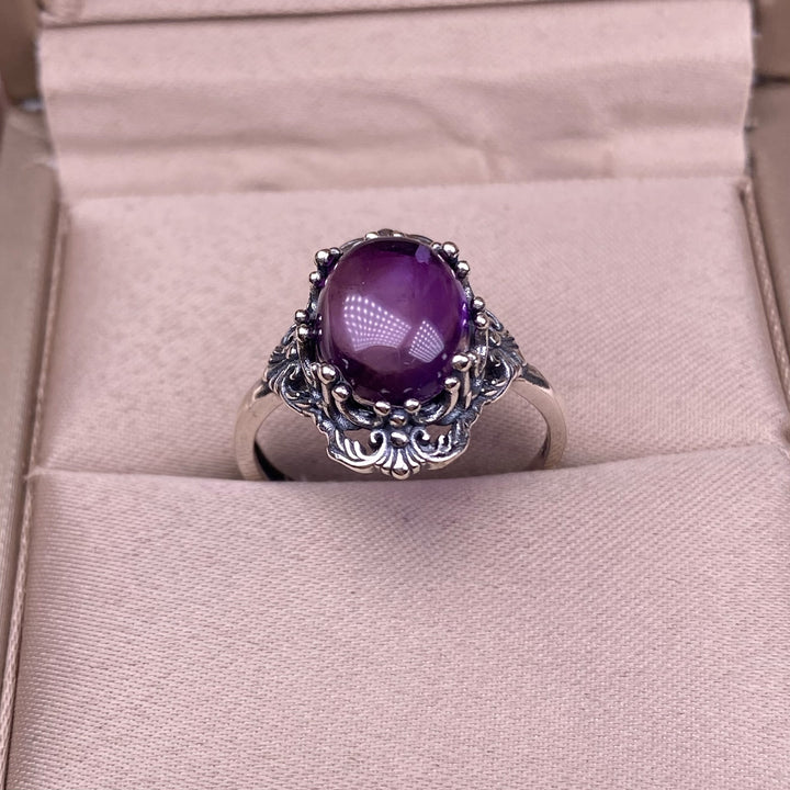 Vintage Oval Gemstone Solid Sterling Silver Adjustable Open Ring Ornate Floral Carved Statement Ring