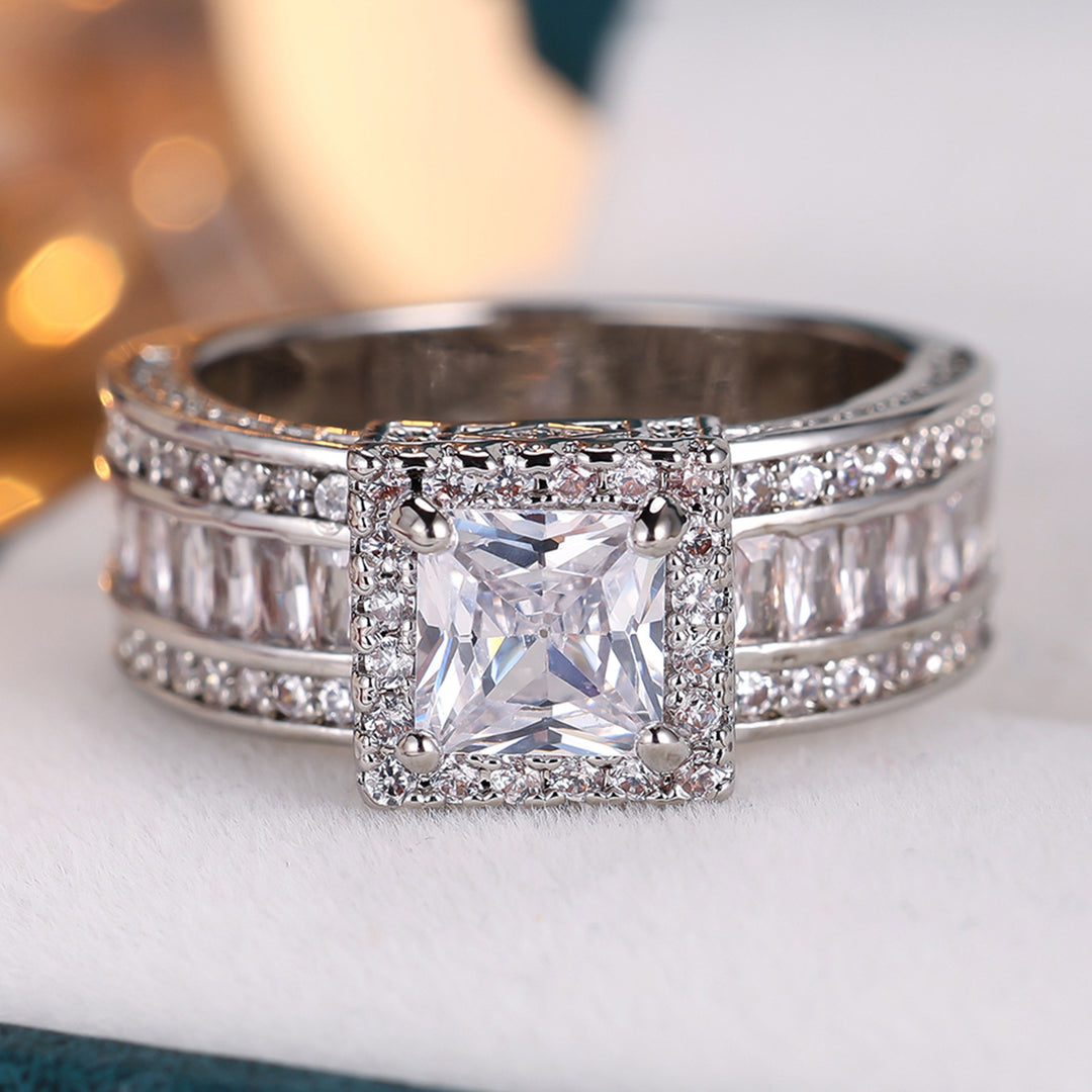 Princess Cut Diamond Statement Ring Wide Band Halo Ring Luxury Wedding Engagement Ring For Men Women Cocktail Party Fine Jewelry