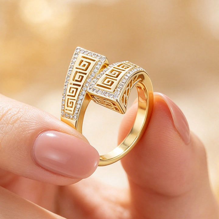 Vintage Geometric Bypass Statement Ring For Women Greek Key Pattern Diamond Inlaid Fashion Jewelry