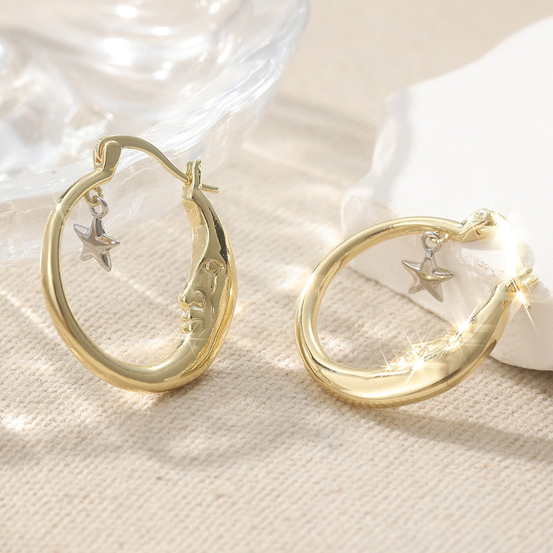 Moon Face Star Hoop Earrings Women Two Tone Crescent Celestial Statement Earrings