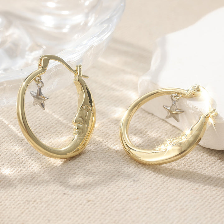 Moon Face Star Hoop Earrings Women Two Tone Crescent Celestial Statement Earrings