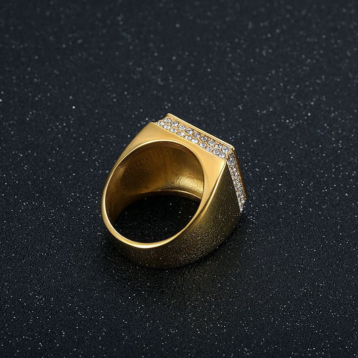 Men's Square Signet Ring Pave Diamond Wide Band Hip Hop Pinky Ring Gold Silver Two Tone