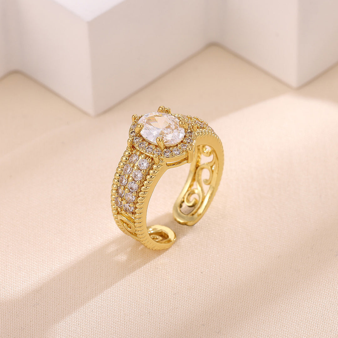 Vintage Royal Oval Diamond Open‑Band Ring Heavy Textured Pattern 14K Gold Women Ring